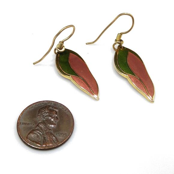 Laurel Burch "Barbee's Blossom" Earrings, Green & Dusty Pink, Gold Plated, 1980s - Picture 3 of 10